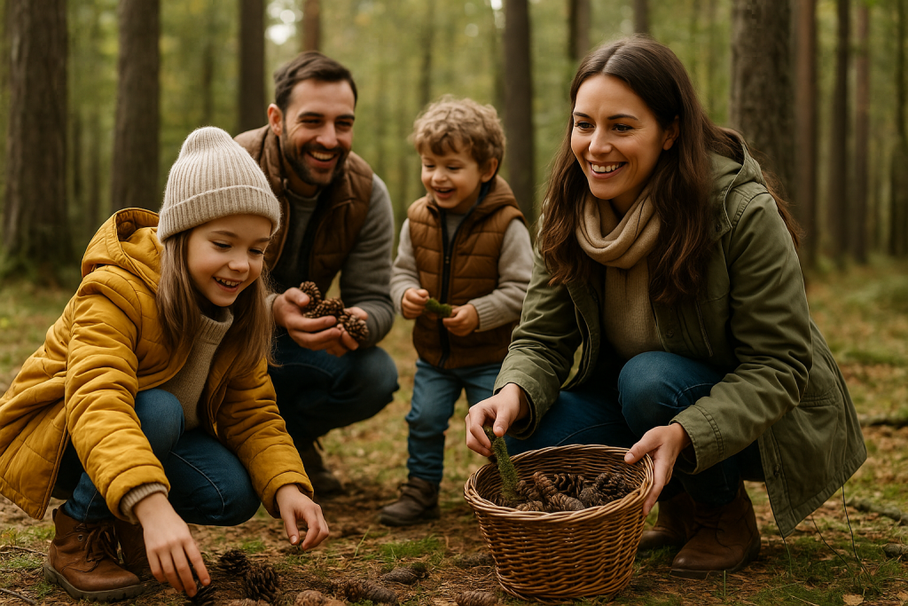 Familie sammelt Naturmaterialien beim Spaziergang